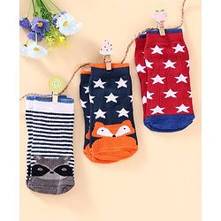 Cute Walk by Babyhug Antibacterial Ankle Length Socks Multi Design Pack of 3 Pairs - Red Blue Grey