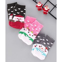 Cute Walk by Babyhug Antibacterial Ankle Length Socks Snow Man & Santa Design Pack of 3 - Pink White Grey