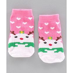 Cute Walk by Babyhug Antibacterial Ankle Length Socks Snow Man & Santa Design Pack of 3 - Pink White Grey