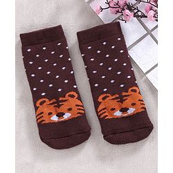 Cute Walk by Babyhug Anti-bacterial Dotted Socks Tiger Design - Brown