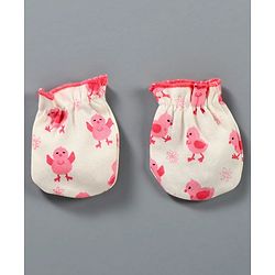Babyhug 100% Cotton Mittens Chick Print Pack of 3 - Pink