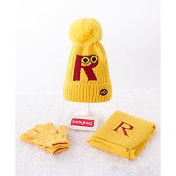 Babyhug Woollen Cap & Gloves With Muffler Alphabet R Design Yellow - Diameter 12 cm