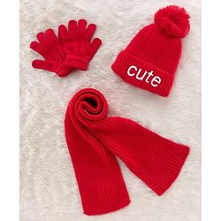 Babyhug Woollen Cap & Gloves With Muffler Red - Diameter 10.5 cm