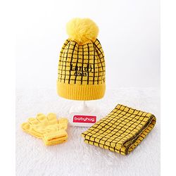 Babyhug Woollen Check Cap & Gloves With Muffler Yellow - Diameter 12 cm