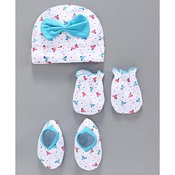 Babyhug 100% Cotton Cap Mittens & Booties Set Blue White -  Diameter 10 cm