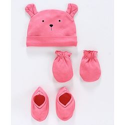 Babyhug 100% Cotton Cap Mittens and Booties Set Teddy Print Pink - Diameter 11.5 cm