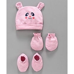 Babyhug 100% Cotton Cap with Mittens & Booties Animal Print Pink  - Diameter 9.5 cm