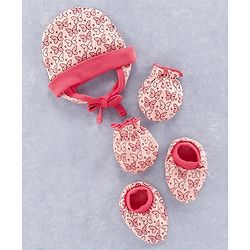 Babyhug 100% Cotton Cap Mitten and Booties Set Coral  - Diameter  10 cm