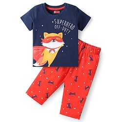 Babyhug Half Sleeves Night Suit Kitty Print - Navy Blue Red