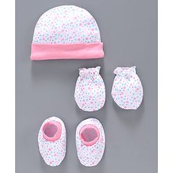 Babyhug 100% Cotton Cap Mittens & Booties Pink White -  Diameter 10 cm
