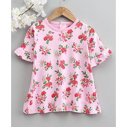 Babyhug Half Sleeves A Line Frock Floral Print - Pink