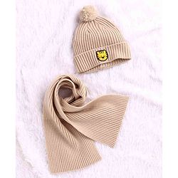 Babyhug Woolen Cap & Muffler Set Tiger Patch Beige -  Diameter 10.5 cm