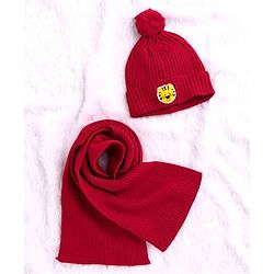 Babyhug Woolen Cap & Muffler Set Tiger Patch Red -  Diameter 10.5 cm - NB Red