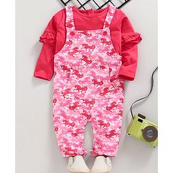 Babyhug Dungaree Style Romper with Full Sleeves Inner Tee Unicorn Print - Pink
