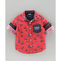 Babyhug Full Sleeves Shirt Allover Vehicle Print - Coral