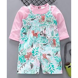 Babyhug Dungaree Style Jumpsuit with Full Sleeves Inner Tee - White Pink