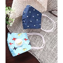 Babyhug 4 to 8 Years Printed Face Mask with Carbon Filter and Breathing Valve Light & Navy Blue - Pack of 2