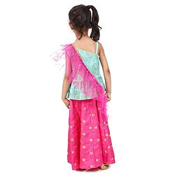 Babyhug One Shoulder Choli and Lehenga with Ruffled Net Dupatta Floral Embroidery - Blue Pink