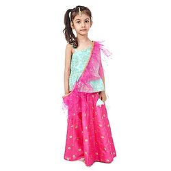 Babyhug One Shoulder Choli and Lehenga with Ruffled Net Dupatta Floral Embroidery - Blue Pink