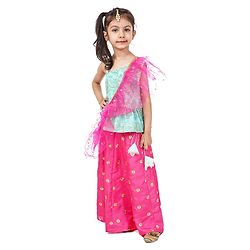 Babyhug One Shoulder Choli and Lehenga with Ruffled Net Dupatta Floral Embroidery - Blue Pink