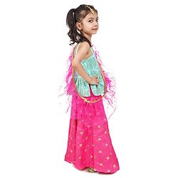 Babyhug One Shoulder Choli and Lehenga with Ruffled Net Dupatta Floral Embroidery - Blue Pink