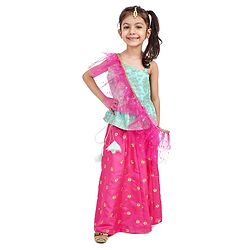 Babyhug One Shoulder Choli and Lehenga with Ruffled Net Dupatta Floral Embroidery - Blue Pink