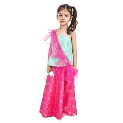 Babyhug One Shoulder Choli and Lehenga with Ruffled Net Dupatta Floral Embroidery - Blue Pink