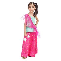 Babyhug One Shoulder Choli and Lehenga with Ruffled Net Dupatta Floral Embroidery - Blue Pink