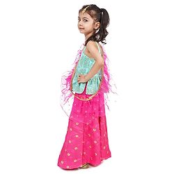 Babyhug One Shoulder Choli and Lehenga with Ruffled Net Dupatta Floral Embroidery - Blue Pink