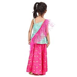 Babyhug One Shoulder Choli and Lehenga with Ruffled Net Dupatta Floral Embroidery - Blue Pink