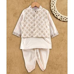 Babyhug Full Sleeves Kurta, Dhoti & Waistcoat - Ivory Gold