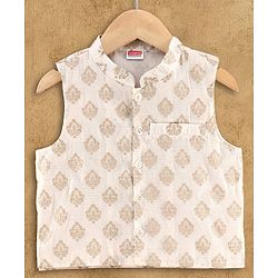 Babyhug Full Sleeves Kurta, Dhoti & Waistcoat - Ivory Gold
