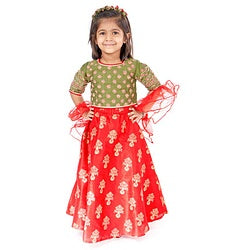 Babyhug Half Sleeves Embroidered Choli Lehenga and Ruffled Dupatta Set - Green Red