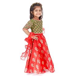 Babyhug Half Sleeves Embroidered Choli Lehenga and Ruffled Dupatta Set - Green Red