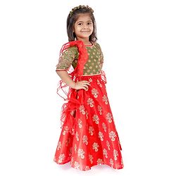 Babyhug Half Sleeves Embroidered Choli Lehenga and Ruffled Dupatta Set - Green Red