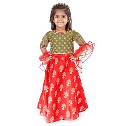 Babyhug Half Sleeves Embroidered Choli Lehenga and Ruffled Dupatta Set - Green Red