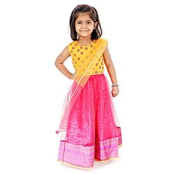 Babyhug Full Length Embroidered Choli Lehenga & Dupatta - Yellow & Fuchsia