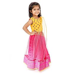 Babyhug Full Length Embroidered Choli Lehenga & Dupatta - Yellow & Fuchsia