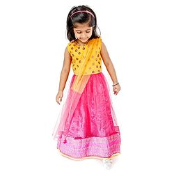 Babyhug Full Length Embroidered Choli Lehenga & Dupatta - Yellow & Fuchsia