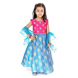 Babyhug Embroidered Choli Lehenga & Dupatta - Fuchsia Pink & Blue