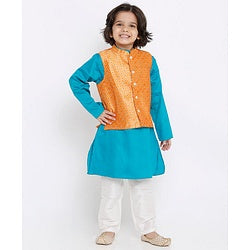 Babyhug Full Sleeves Kurta Pyjama Set with Jacket Polka Dot Print - Orange Blue