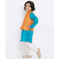 Babyhug Full Sleeves Kurta Pyjama Set with Jacket Polka Dot Print - Orange Blue
