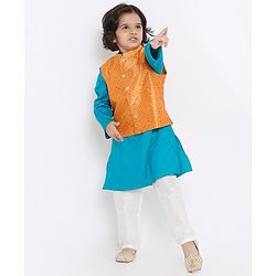 Babyhug Full Sleeves Kurta Pyjama Set with Jacket Polka Dot Print - Orange Blue
