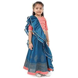 Babyhug Three Fourth Choli & Lehenga With Dupatta Sequin & Lace Detailing - Coral Blue