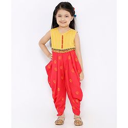 Babyhug Sleeveless Ethnic Jumpsuit Floral Print - Yellow Coral