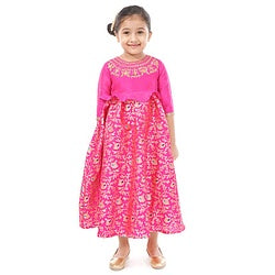 Babyhug Three Fourth Sleeves Long Dress Floral Embroidery - Pink