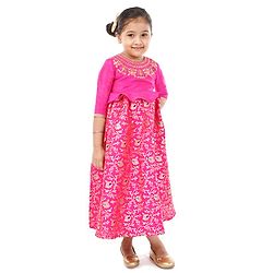 Babyhug Three Fourth Sleeves Long Dress Floral Embroidery - Pink