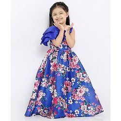 Babyhug Floral Printed Long Dress - Royal Blue