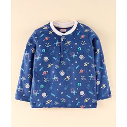 Babyhug Full Sleeves Henley Tee Space Print - Blue