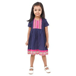 Babyhug Half Sleeves Ethnic Dress Floral Detailing - Navy Blue